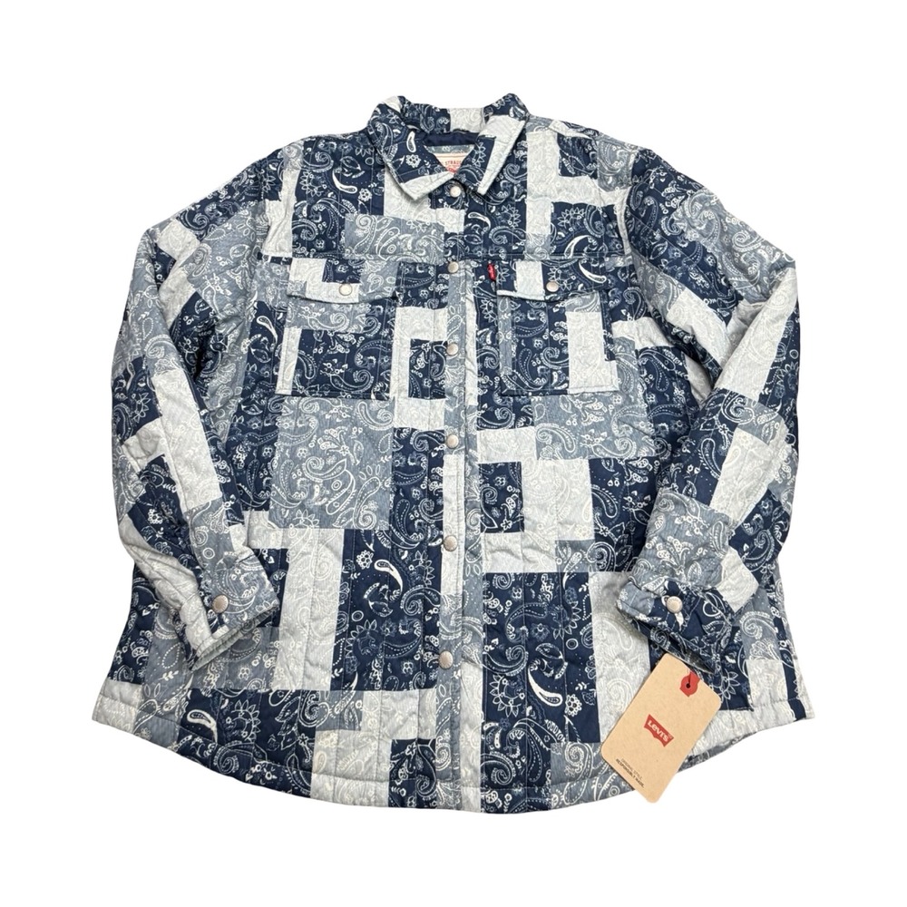 Levis Quilted Jacket Womens L Blue Paisley Patchwork Poly Streetwear Boho